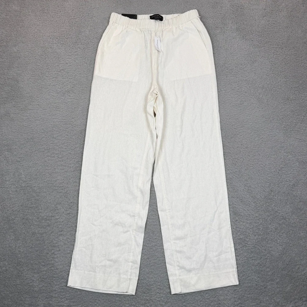 Banana Republic Womens White Linen Blend Straight Leg Elastic Waist Pants XS NEW